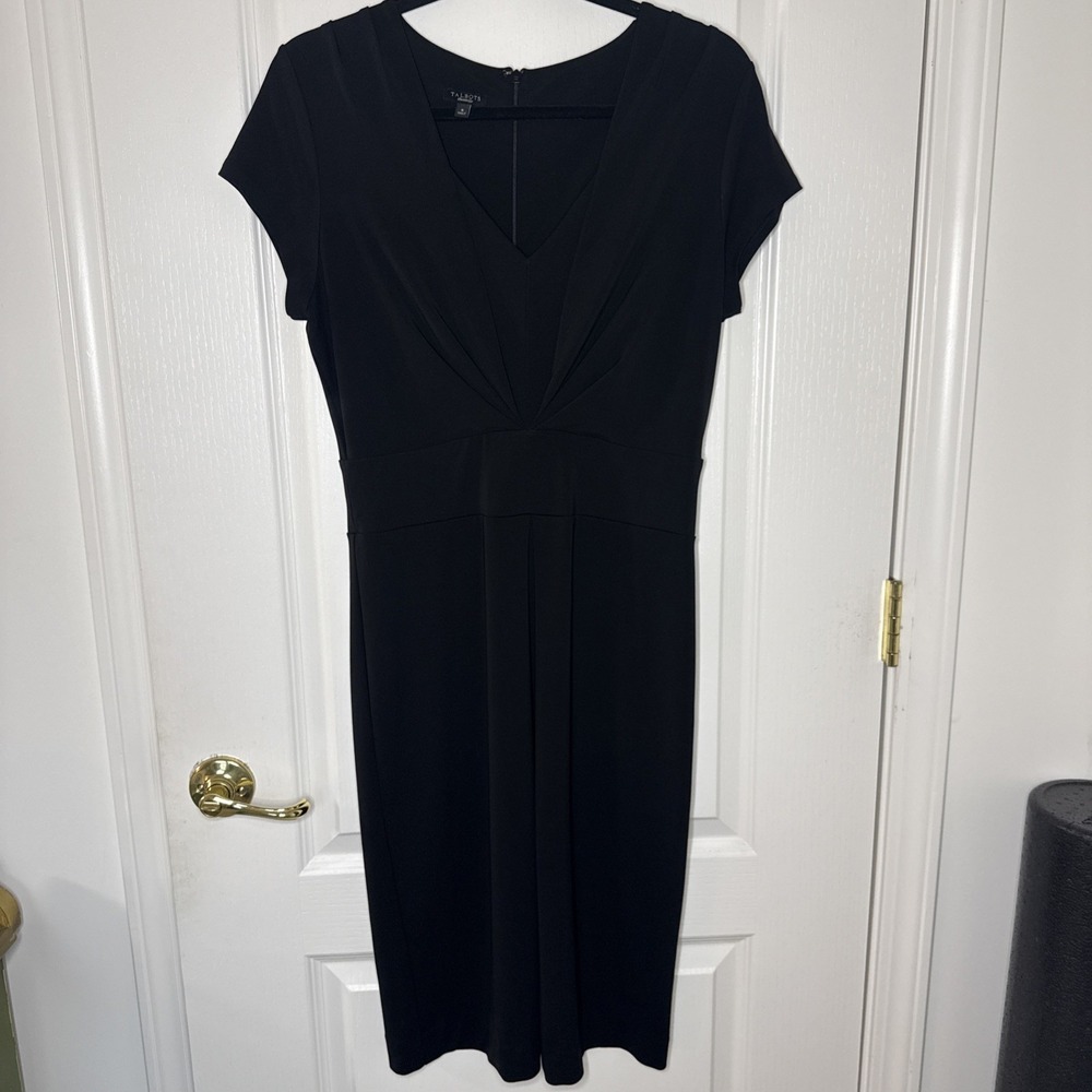 Talbots Black Twist Knot V-Neck Cap Sleeve Midi Dress Size 8 LBD Classic